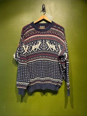 Vintage Lake Harmony Men's Fair Isle Reindeer Crewneck Sweater - Navy